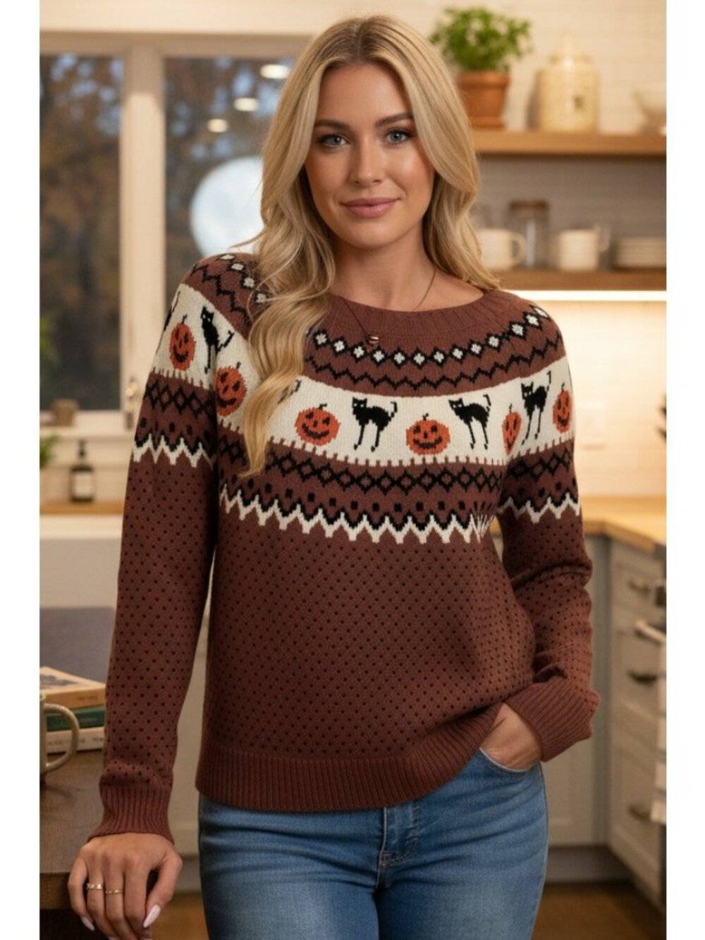 Black Cat Jack-O'-Lantern Pumpkin Fair Isle Halloween Top Crew Neck Knit Sweater
